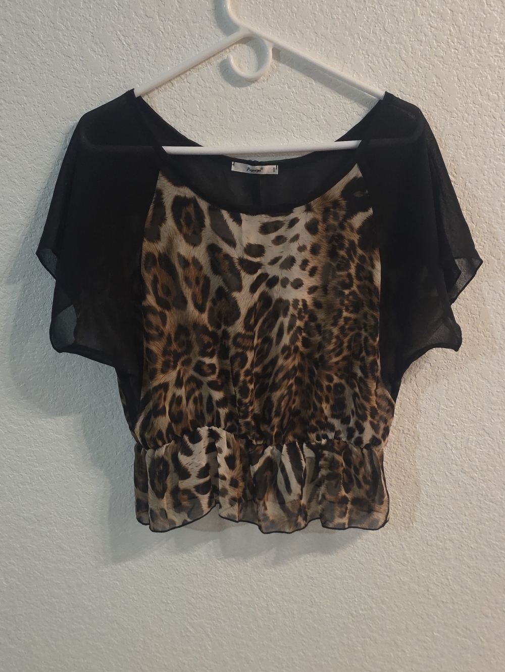 Papaya Leopard Print Chiffon Top with Black Sheer Sleeves